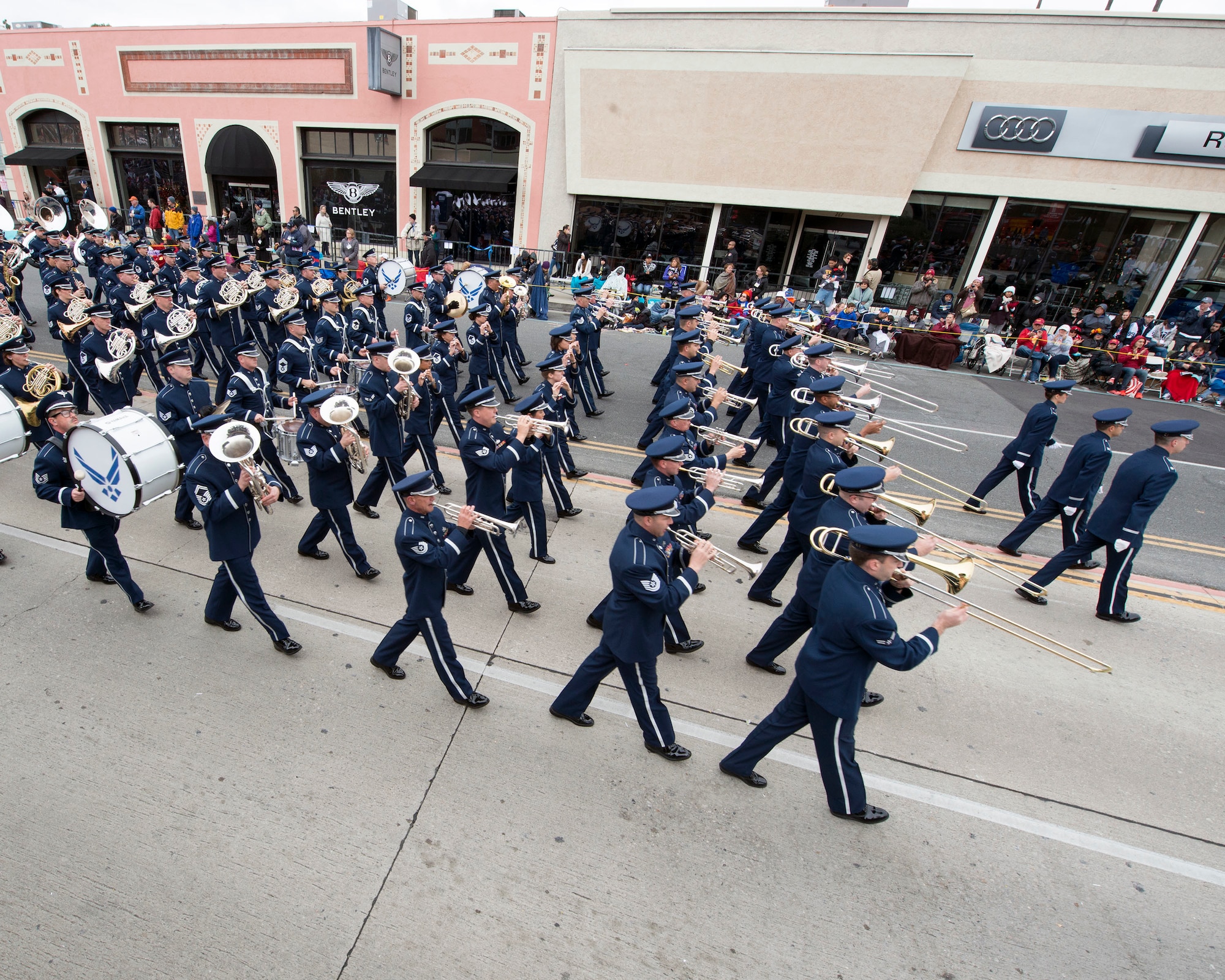 The United States Air Force Total Force Band performs in the 128th Rose Parade in Pasadena, Calif., Jan. 2, 2017. The USAF Total Force Band kicked off the Air Force 70th Birthday celebration playing several venues in Southern California culminating with their appearance in the Rose Parade. The band is comprised of active-duty and Air National Guard musicians from around the Air Force. (U.S. Air Force photo/Louis Briscese)