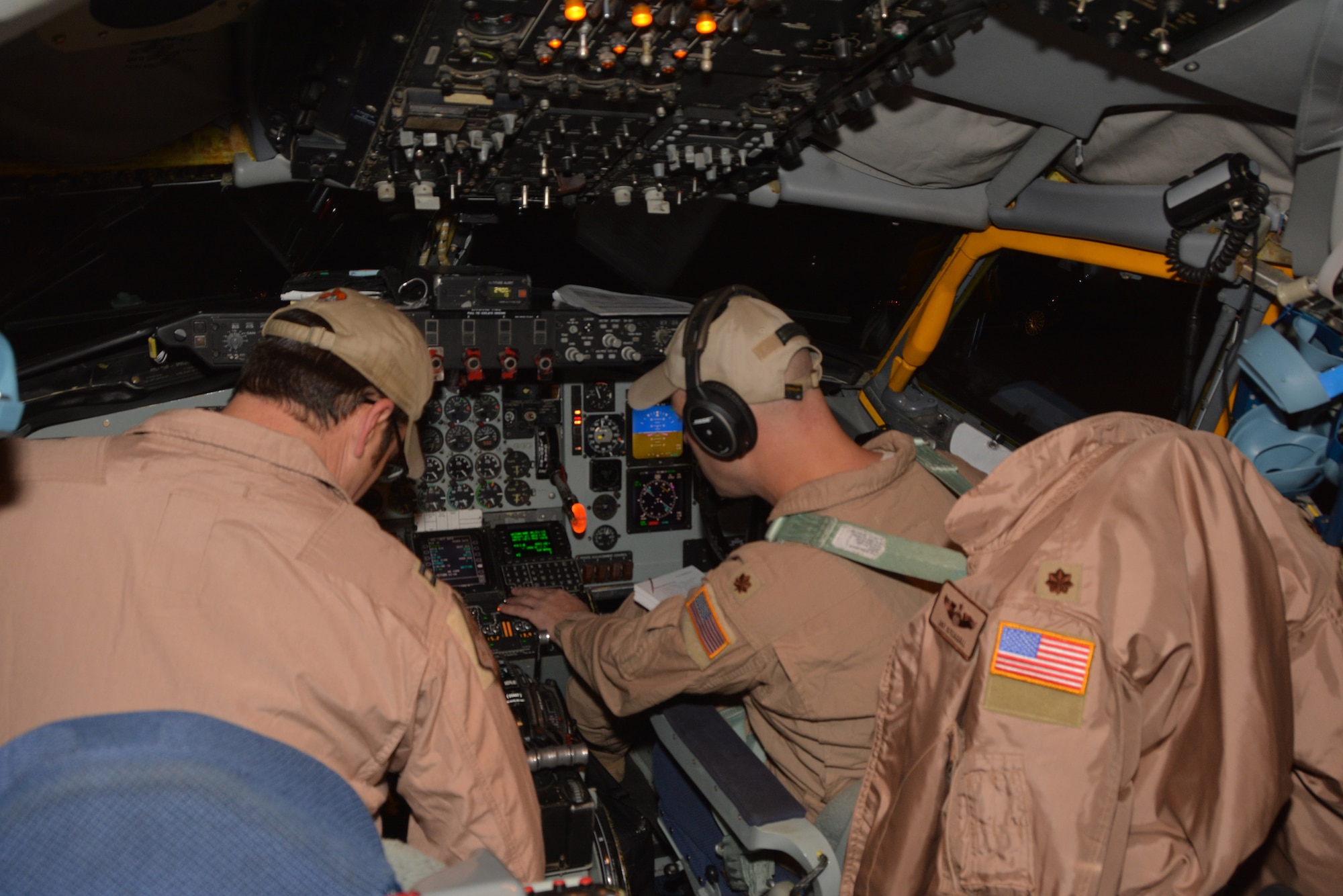 Aircrew from the 465th Air Refueling Squadron run through pre-flight checks in the KC-135R Stratotanker prior to deploying to Incirlik, Air Base, Turkey here December 13, 2016. (U.S. Air Force Photo/Maj. Jon Quinlan)