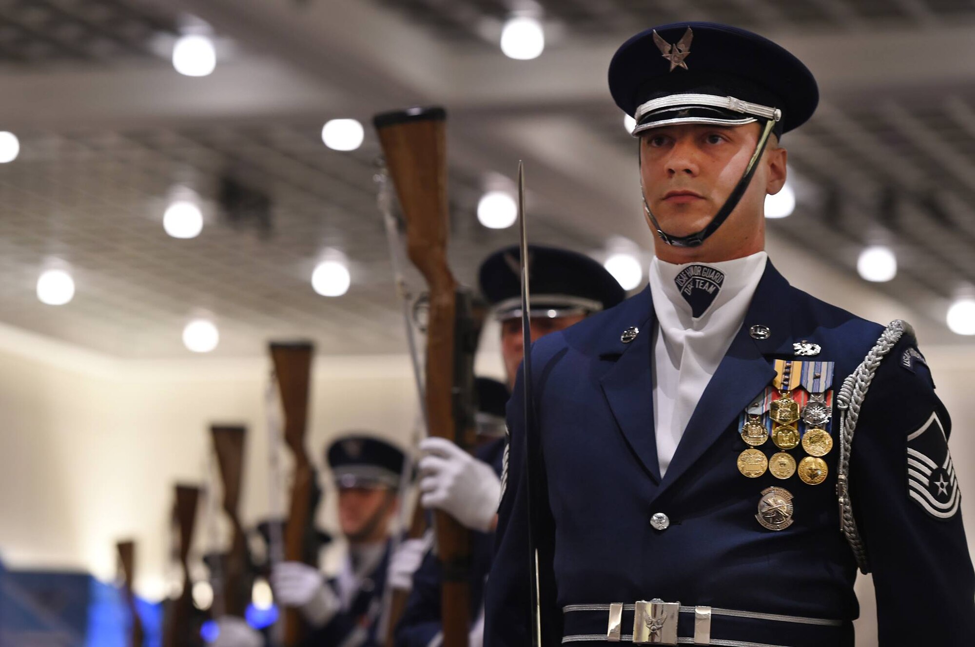 U.S. Air Force Honor Guard Drill Team members perform for guests during the Live on Green event opening ceremony in Pasadena, Calif., Dec. 30, 2017. Air Force units gathered to celebrate 70 years of providing dominant airpower to America and its allies with demonstrations, statics and booths highlighting advancements in science, research medicine and cyberspace. (U.S. Air Force photo by Tech. Sgt. Nadine Barclay)