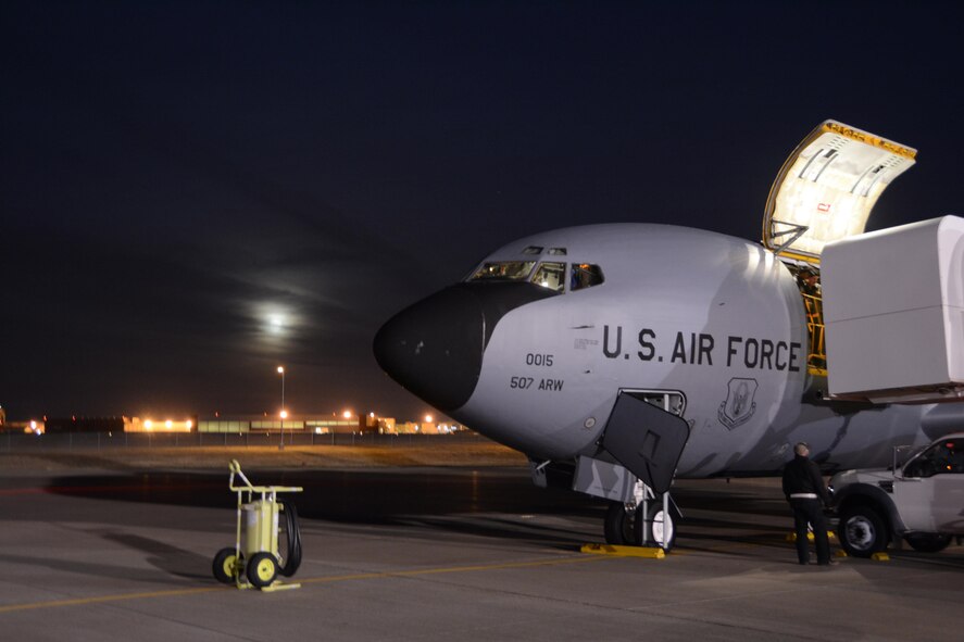A 507th Air Refueling Wing KC-135R Stratotanker from Tinker Air Force Base, Oklahoma is loaded with cargo and prepped prior to delivering some of the 94 Citizen Airmen to Incirlik Air Base, Turkey to support air refueling operations against ISIL, December 13, 2016. (U.S. Air Force Photo/Maj. Jon Quinlan)