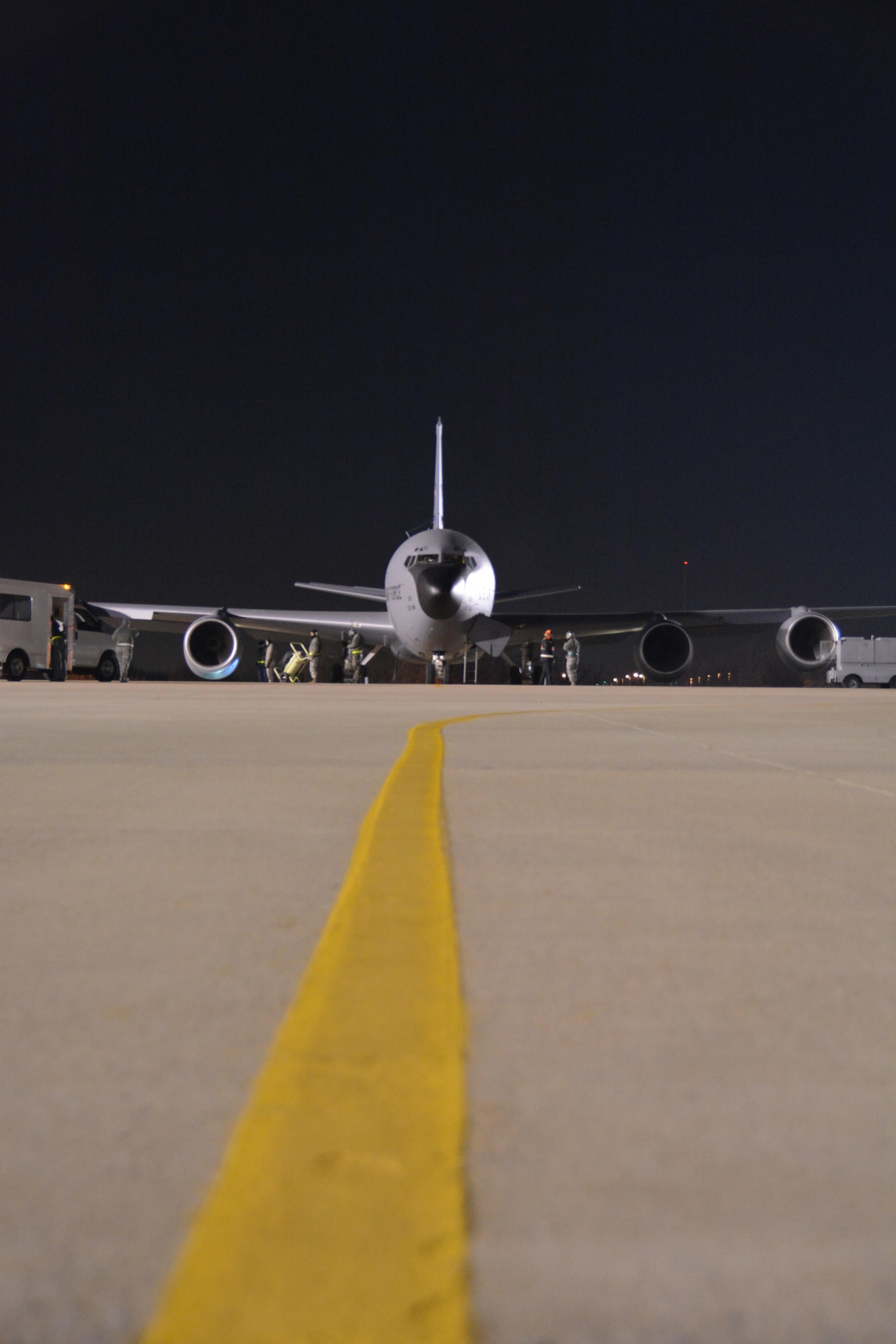 A 507th Air Refueling Wing KC-135R Stratotanker from Tinker Air Force Base, Oklahoma starts its engines as it prepares to take some of the 94 Citizen Airman and cargo to Turkey to support on-going air refueling operations in Southwest Asia here December 13, 2016. (U.S. Air Force Photo/Maj. Jon Quinlan)
