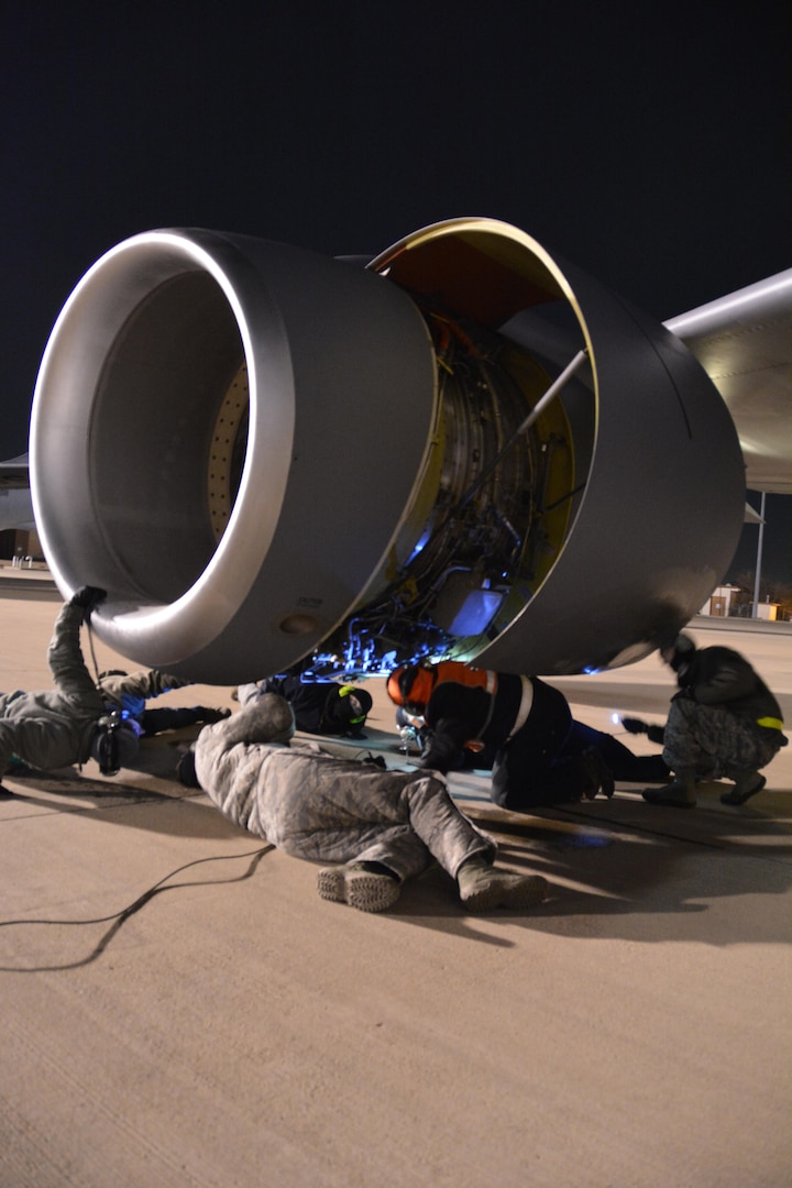 Maintenance crews from the 507th Maintenance Group troubleshoot the number three engine of a KC-135R Stratotanker at Tinker Air Force Base, Oklahoma prior to the flight leaving for a deployment to Incirlik Air Base, Turkey.  The engine issue was quickly resolved and the aircraft departed with Citizen Airmen and cargo December 13, 2016 to the deployed location to support on-going air refueling operations in Southwest Asia.  (U.S. Air Force Photo/Maj. Jon Quinlan)