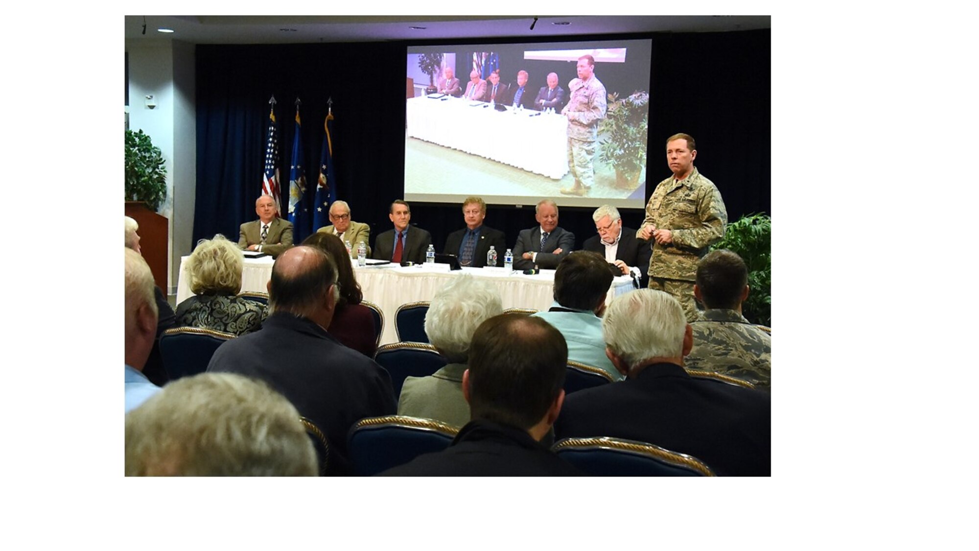 Brig. Gen. Mark Baird, vice commander of the Space and Missile Systems Center at Los Angeles Air Force base, California, addresses the audience attending the 2016 Legacy Panel, hosted by the Secretary of the Air Force Special Projects. Headlining this year’s panel were six retired Air Force officers: from left to right, Lt. Gen. Mike Hamel, Maj. Gen. John Kulpa, Jr., and Cols. William Pailes, Daryl Joseph, Cols. Gary Payton, and Brett Watterson, who discussed the Manned Spaceflight Engineer program, an elite corps of military astronauts specializing in deploying top-secret payloads that the National Reconnaissance Office and Space Division, forerunner of today’s SMC. The annual event offered a unique opportunity to hear from distinguished individuals who have been to space or had a significant impact on military space operations. (U.S. Air Force photo/ Joseph Juarez, Jr.)