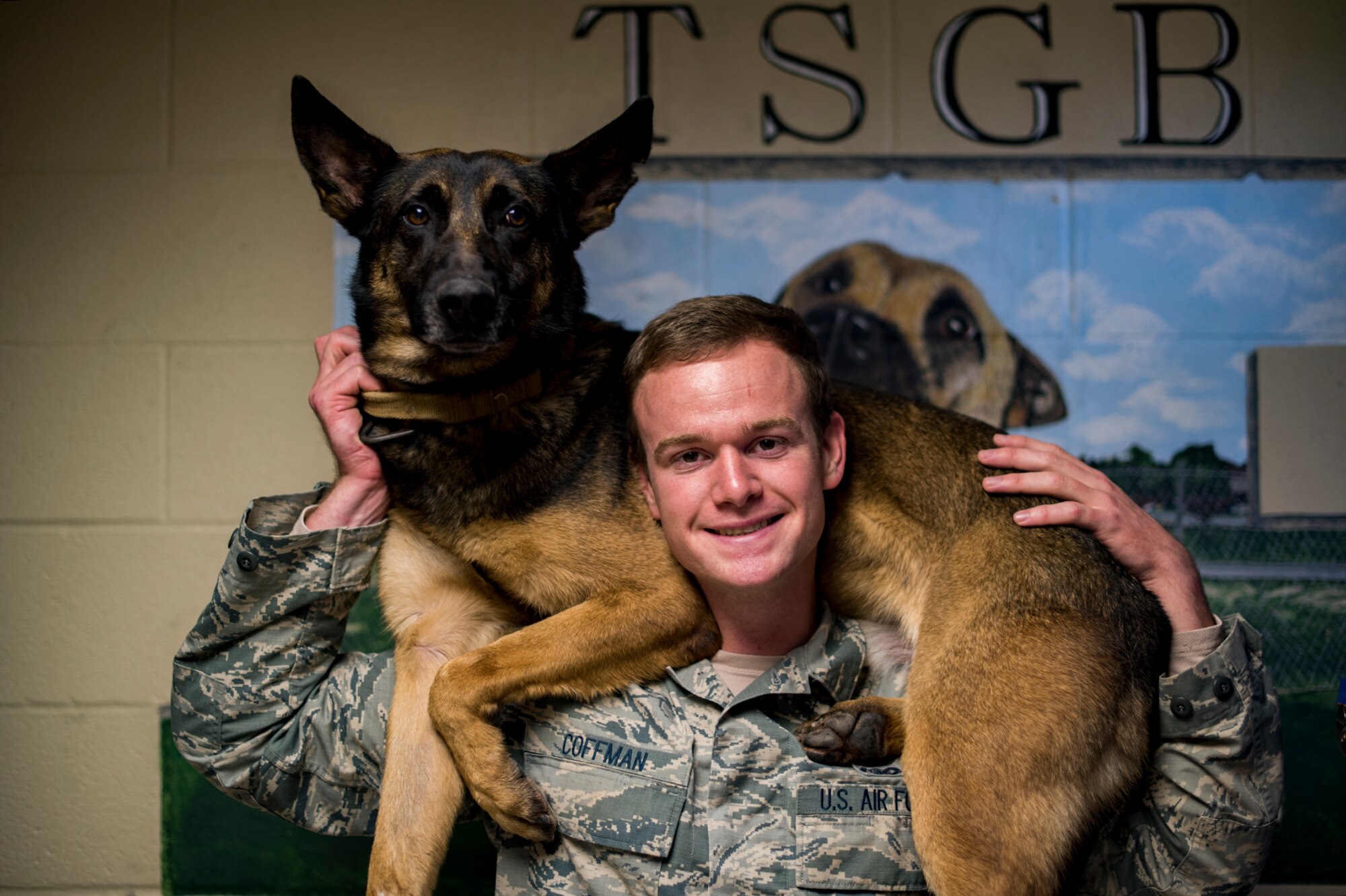 U.S. Air Force Senior Airman Jacob Coffman, 17th Security Forces Squadron Military Working Dog handler, says his New Year’s resolution is to promote and become the best decoy “bad guy” in the K9 unit. (U.S. Air Force photo by Senior Airman Devin Boyer/Released)