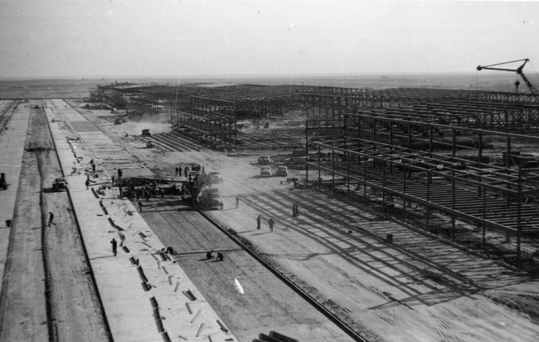Sheppard Air Force Base's airfield and hangars are shown under construction in 1941. Some of these hangars are still in daily use today, housing crew chief technical training courses for various fighter and heavy aircraft. (Courtesy Photo)
