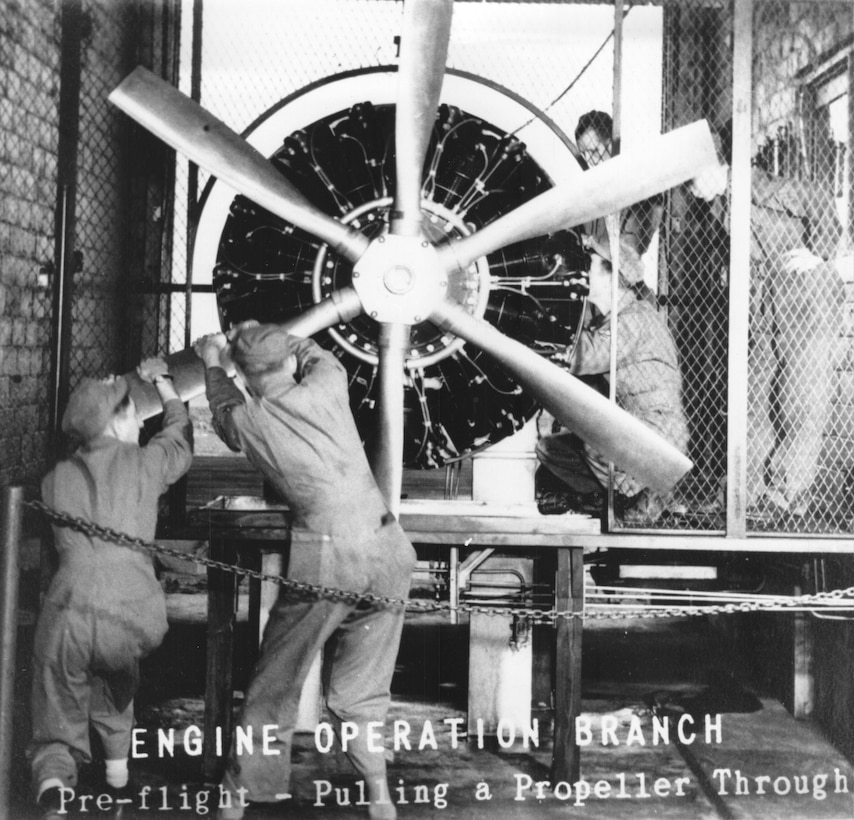 Aircraft engine mechanic students at Sheppard Air Force Base, Texas, learn pre-flight procedures on propeller-driven aircraft during World War II. Today, the 82nd Training Wing at Sheppard and more than 60 global detachments provides aircraft maintenance training supporting every air frame in the Air Force. (Courtesy Photo)

