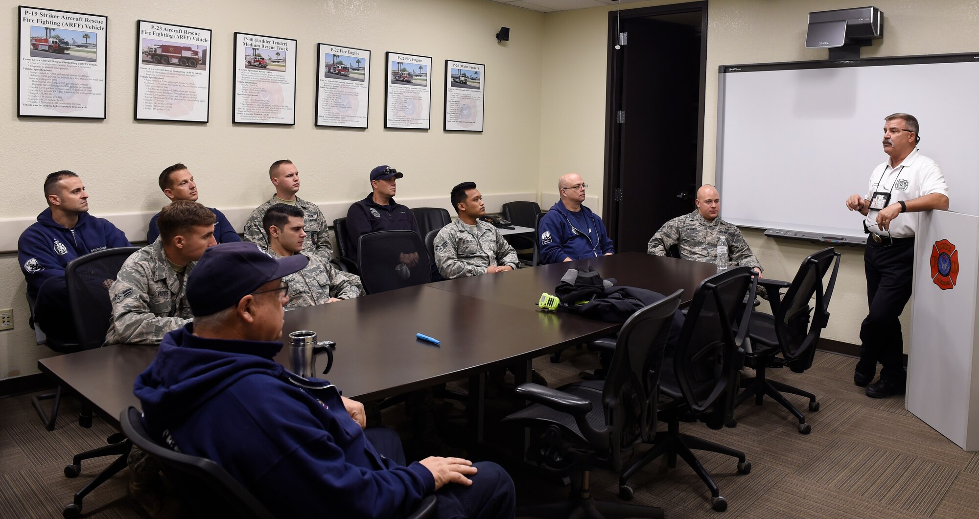 Steven Kinkade, 56th Civil Engineer Squadron assistant fire chief, provided firefighters from Luke and Gila Bend fire departments with a safety briefing prior to training Dec. 7, 2016, at Luke Air Force Base, Ariz. Kinkade went over what to expect in the training, where each firefighter would be assigned and safety tips. (U.S. Air Force photo by Senior Airman James Hensley) 