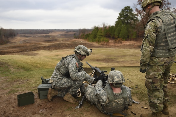 U.S. Army Soldiers from the Arkansas National Guard train on the M2 .50 caliber machine gun December 6, 2016, at Camp Joseph T. Robinson, Ark. The M2 crew-served machine gun, was first introduced in the 1930’s and has both a lethal and psychological effect upon enemies. (U.S. Air Force photo/Senior Airman Harry Brexel)