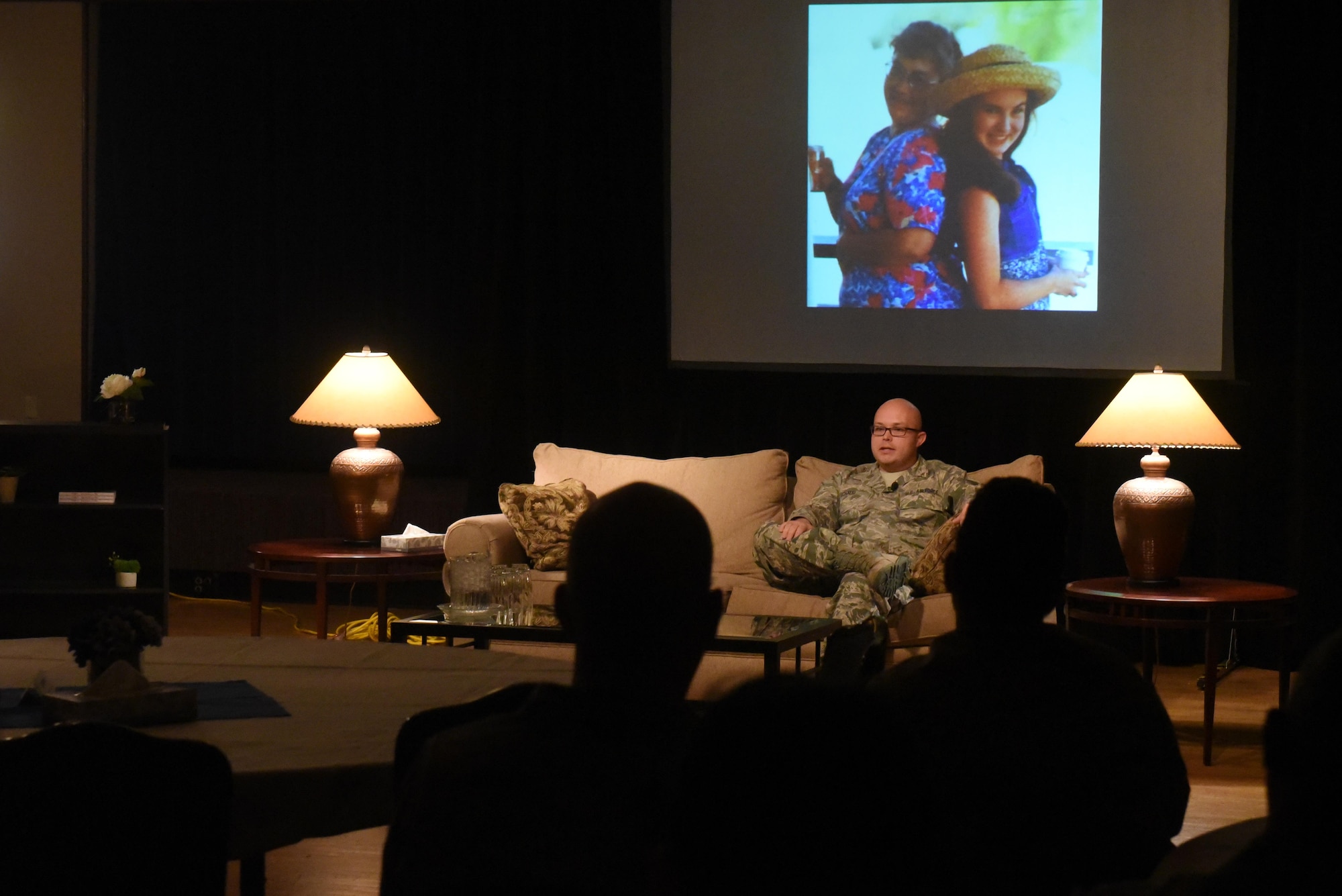 PETERSON AIR FORCE BASE, Colo. - Tech. Sgt. Alexander Schaub, 721st Communications Squadron NCO in charge of cyber transport operations, shares his personal story during the Storytellers event at The Club, Nov. 3, 2016, on Peterson Air Force Base, Colo. Schaub spoke about the mental, verbal and emotional abuse he experienced growing up, how it affected him in the long run and how seeing a mental health professional turned his life around. (U.S. Air Force photo by David Meade)  