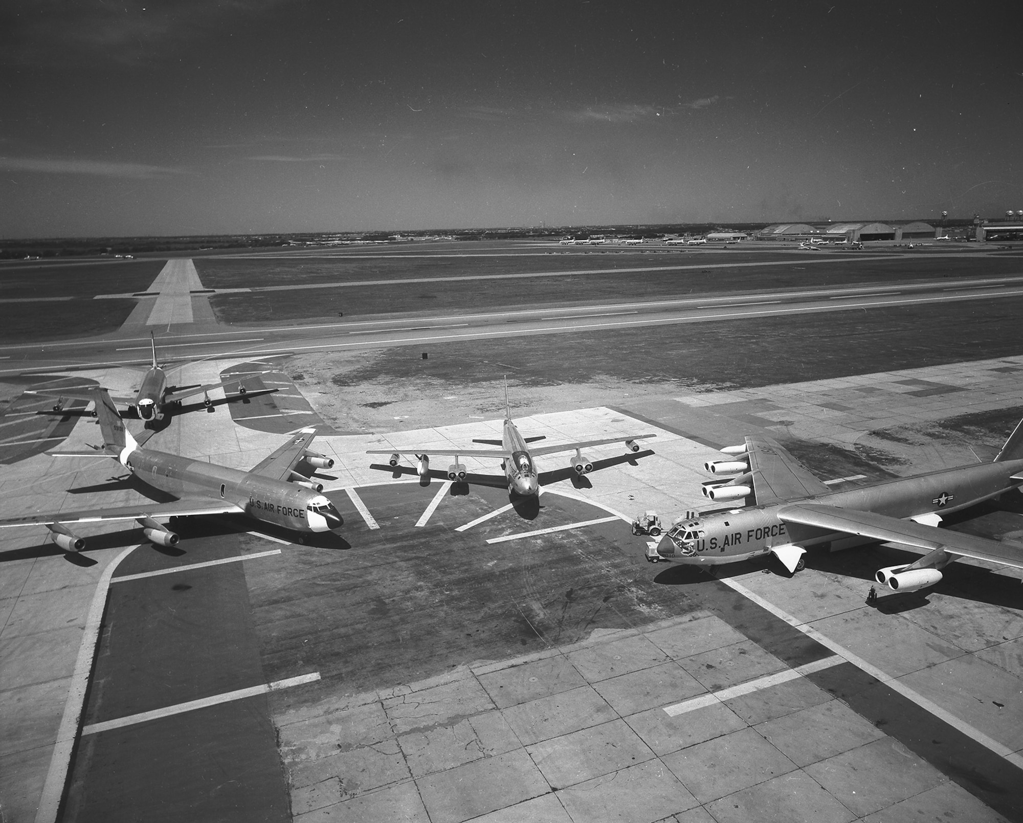 A KC-135, B-47 and B-52 sit on the ramp at Tinker Air Force Base, circa late 1950s.