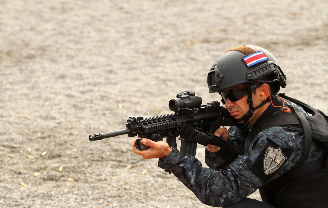 A special forces competitor from Team Costa Rica lines up his next shot during a critical task evaluation,  May 3, 2016 as part of Fuerzas Comando 2016. Fuerzas Comando is a multinational special forces competition between countries in the Americas and the Caribbean that tests competitors stamina and marksmanship. (U.S. Army photo by Spc. Jaccob Hearn/Released)