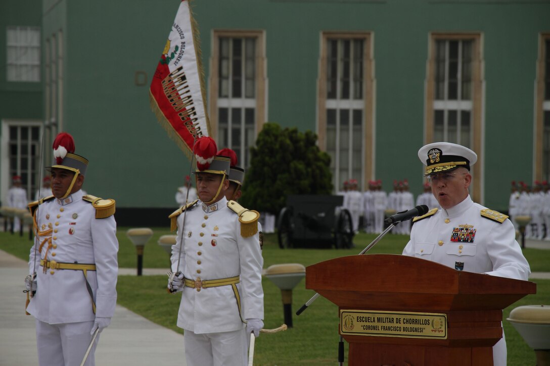 U.S. Navy Adm. Kurt Tidd, commander of U.S. Southern Command, addresses senior military leaders and government representatives from 20 nations during the opening ceremony for the Fuerzas Comando 2016 Senior Leader Seminar May 9 at the Chorrillos Military School in Lima, Peru. The three-day seminar includes briefings and discussions on counterterrorism decisions and policymaking, organized crime and illicit trafficking. (Photo by Jose Ruiz)