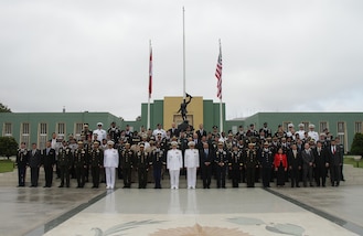 U.S. Navy Adm. Kurt Tidd, commander of U.S. Southern Command, center, joins senior military leaders and government representatives from 20 nations attending the opening ceremony for the Fuerzas Comando 2016 Senior Leader Seminar May 9 at the Chorrillos Military School in Lima, Peru. The three-day seminar includes briefings and discussions on counterterrorism decisions and policymaking, organized crime and illicit trafficking. (Photo by Jose Ruiz)