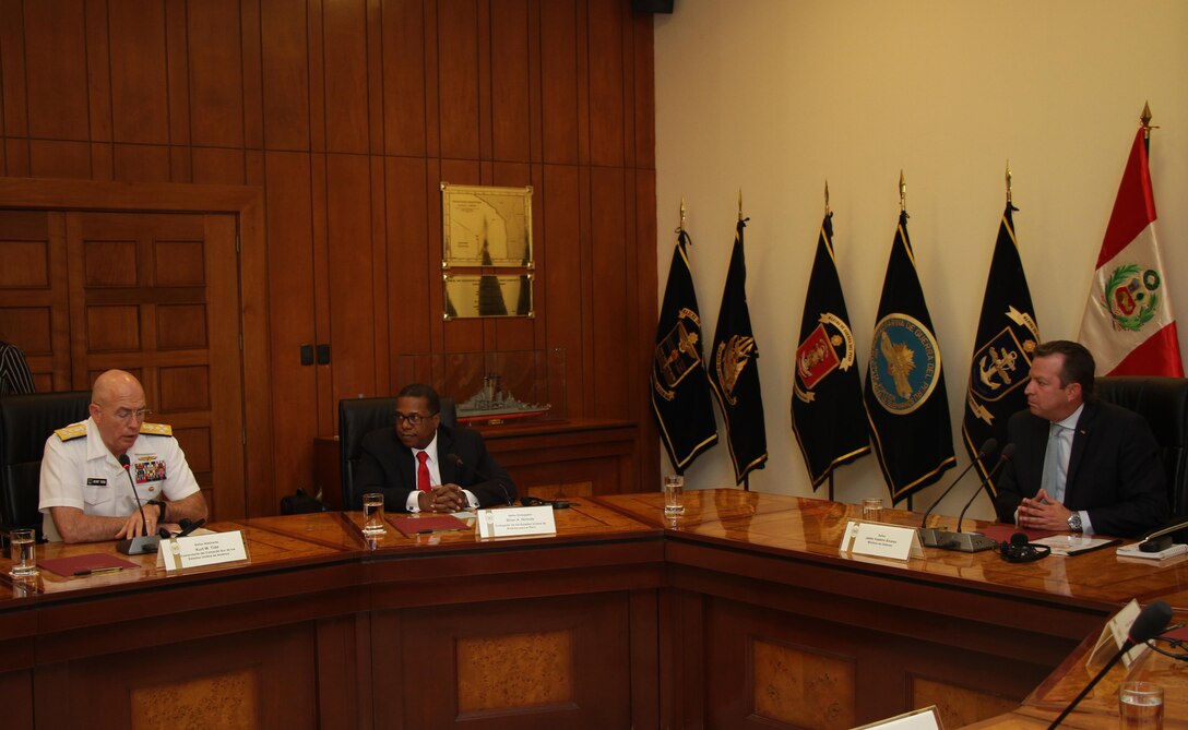 LIMA, Peru (May 9, 2016) -- Navy Adm. Kurt W. Tidd, commander of U.S. Southern Command, addresses Peruvian Minister of Defense Jakke Valakivi and other senior Peruvian military and civilian officials while accompanied by U.S. Ambassador to Peru Brian Nichols at the Peruvian Army headquarters.  Tidd visited Peru to discuss continued cooperation in efforts to address transnational threats in the region. (Photo by Jose Ruiz, U.S. Southern Command)