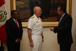 LIMA, Peru (May 9, 2016) -- Navy Adm. Kurt W. Tidd, commander of U.S. Southern Command, and U.S. Ambassador to Peru Brian Nichols speak with Peruvian Minister of Defense Jakke Valakivi after meeting with senior Peruvian military and civilian officials at the Peruvian Army headquarters in Lima April 9. Tidd visited Peru to discuss continued cooperation in efforts to address transnational threats in the region. (Photo by Jose Ruiz, U.S. Southern Command)