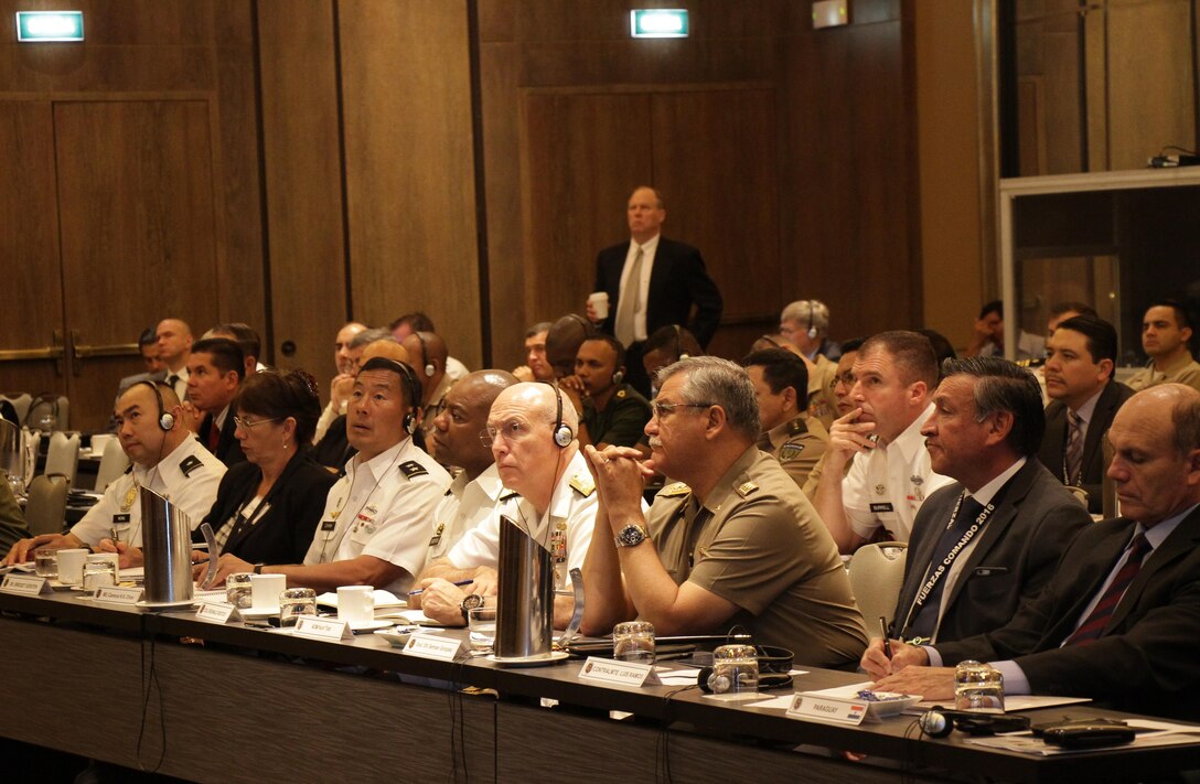 PERU (May 11, 2016) -- Adm. Kurt Tidd, commander of U.S. Southern Command (SOUTHCOM), center, and other senior military leaders and government representatives listen to a security briefing during the final day of the Fuerzas Comando 2016 Senior Leader Seminar May 11. More than 40 high-ranking officials from 20 nations attended the seminar for talks on counterterrorism decisions and policymaking, organized crime and illicit trafficking. (Photo by Jose Ruiz)