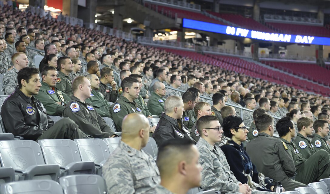 Airmen from the 56th Fighter Wing participate in Wingman Day Jan. 3, 2017, at the University of Phoenix Stadium, Ariz. Guest speakers including Jason Schechterle, Dale Hopely, Larry Cervarich, Christopher Panneton, Bob Dalpe, and Brett Hunt spoke about ways to improve an Airman’s service before self through looking out for each other. (U.S. Air Force photo by Senior Airman James Hensley)