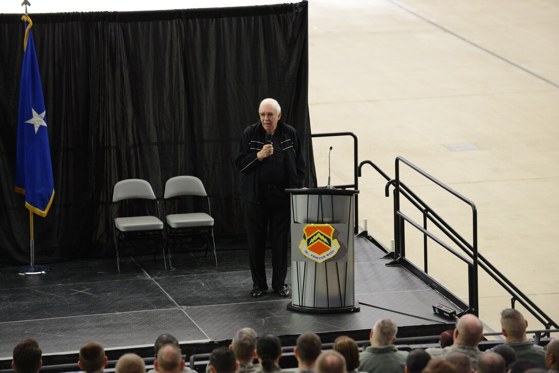 Larry Cervarich, founder of Homeless Youth Connection, speaks to Airmen during Wingman Day Jan 3, 2016 at the University of Phoenix Stadium in Glendale, Ariz. The Wingman Day is a pause in our day-to-day mission to demonstrate how working as a team creates momentum, improves morale, nourishes our selfless culture, and fosters trust through an amazing sense of accomplishment. (U.S. Air Force photo by Airman 1st Class Alexander Cook)