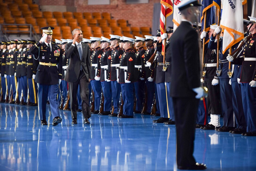 Departing commander in chief, President Barack Obama, salutes the troops during an armed forces full honor farewell ceremony at Joint Base Myer-Henderson Hall, Va., Jan. 4, 2017. Service members from across the services took part in the event, which included Defense Secretary Ash Carter and the chairman of the Joint Chiefs of Staff, Marine Corps Gen. Joe Dunford. Senior defense leaders thanked Obama for his accomplishments over the past eight years in protecting the nation and supporting the military. Army photo by Pvt. Gabriel A. Silva
