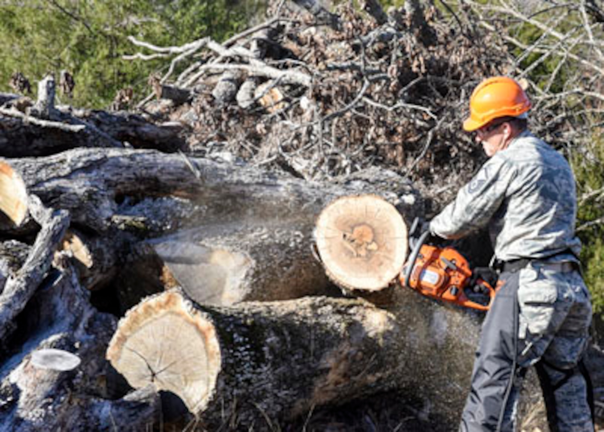 A member of the Rapid Augmentation Team practices utilizing a chainsaw during state active duty training Dec. 20, 2016, at Little Rock Air Force Base, Ark. R.A.T. volunteers were instructed on the proper use of chainsaws, how to avoid and resolve situations involving downed powerlines and the proper installation of tire chains during snow emergencies. (U.S. Air National Guard photo by Tech. Sgt. Jessica Condit)