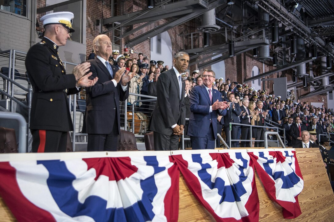 Defense Secretary Ash Carter, right, and Marine Corps Gen. Joe Dunford, chairman of the Joint Chiefs of Staff, host a farewell ceremony to honor President Barack Obama as Vice President Joe Biden looks on during the armed forces full-honor review at Joint Base Myer-Henderson Hall, Va., Jan. 4, 2017. DoD photo by Army Sgt. Amber I. Smith