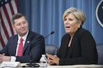 Personal finance expert Suze Orman, right, and Undersecretary of the Army Patrick Murphy discuss the Army's new partnership with Orman during a Pentagon news conference in Washington, D.C., Jan. 4, 2017. Orman, a best-selling author and television personality, plans to offer her services free of charge to soldiers, including a seven-step online course, normally $54, and an upcoming video detailing the military's new blended retirement system.