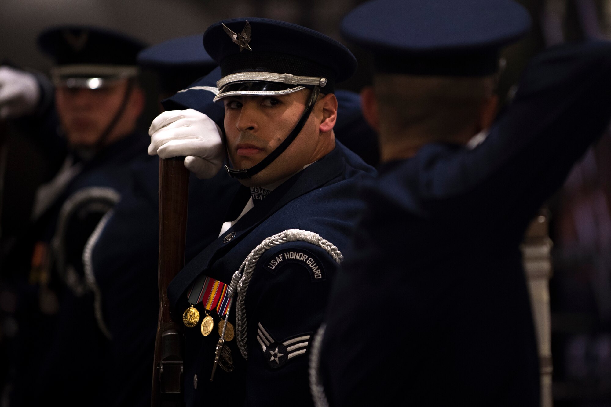 Senior Airman Ryan Garrido, U.S. Air Force Honor Guard Drill Team member, performs with the drill team at the Live on Green event in Pasadena, Calif., Dec. 30, 2016.The drill team spent five days in southern California to help kick off the year-long celebration of the Air Force’s 70th Birthday. (U.S. Air Force photo by Senior Airman Philip Bryant)