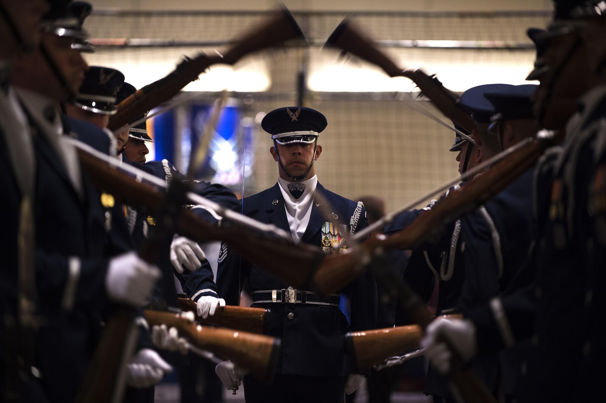 The U.S. Air Force Honor Guard Drill Team performs a rifle demonstration at the Live on Green event in Pasadena, Calif., Dec. 31, 2016. For this demonstration, Tech. Sgt. Brian Kocher, U.S. Air Force Honor Guard Drill Team NCO in charge, marched through a lined rifle demonstration at the Live on Green event in Pasadena, Calif., Dec. 31, 2016. The drill team spent five days in southern California to help kick off the year-long celebration of the Air Force’s 70th Birthday. (U.S. Air Force photo by Senior Airman Philip Bryant)