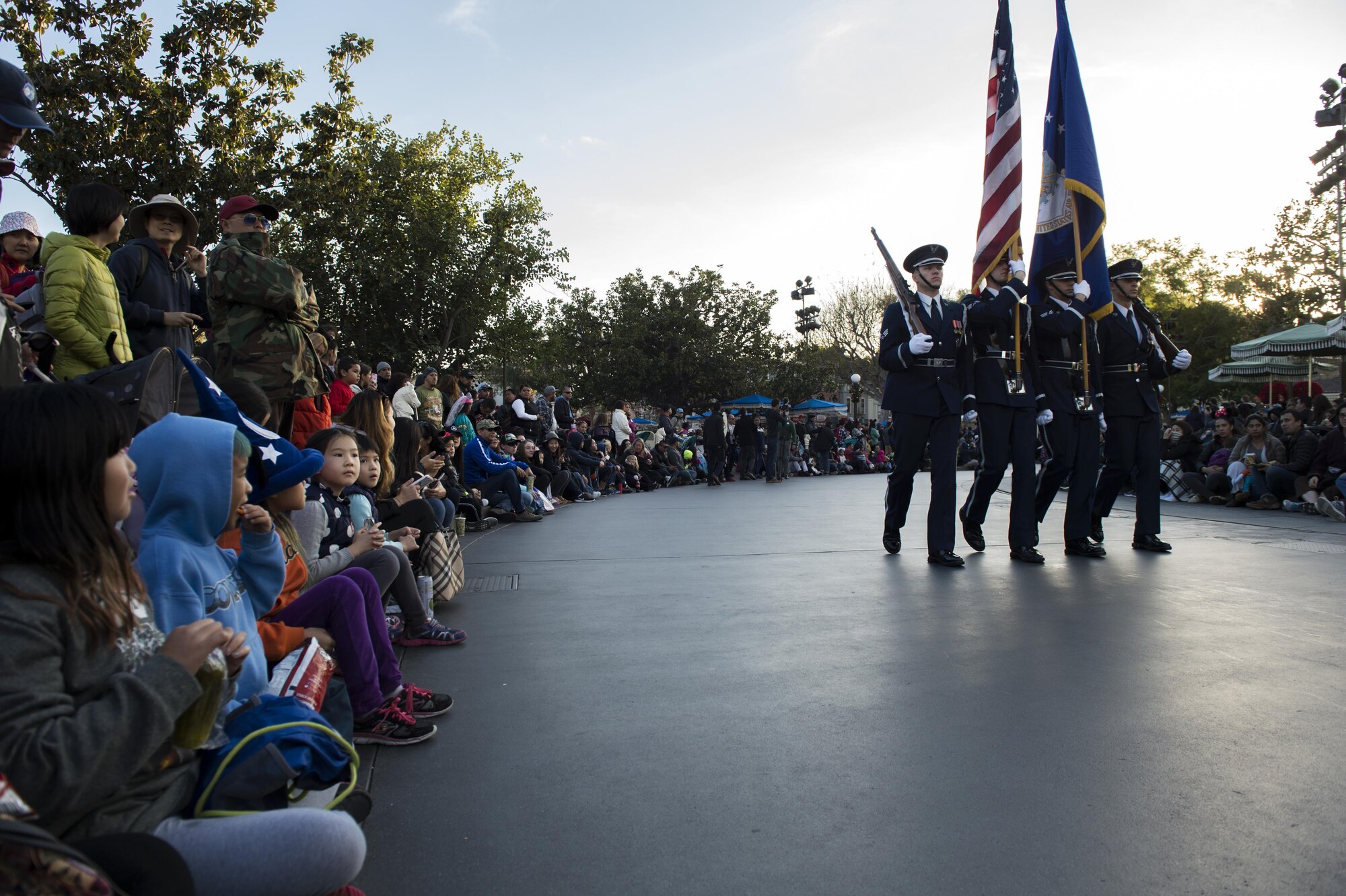 U.S. Air Force Honor Guard Drill Team members march past Disneyland guests in Anaheim, Calif., Jan. 1, 2017. Disneyland had approximately 44,000 guests lining the park’s streets as they marched. (U.S. Air Force photo by Senior Airman Philip Bryant)
