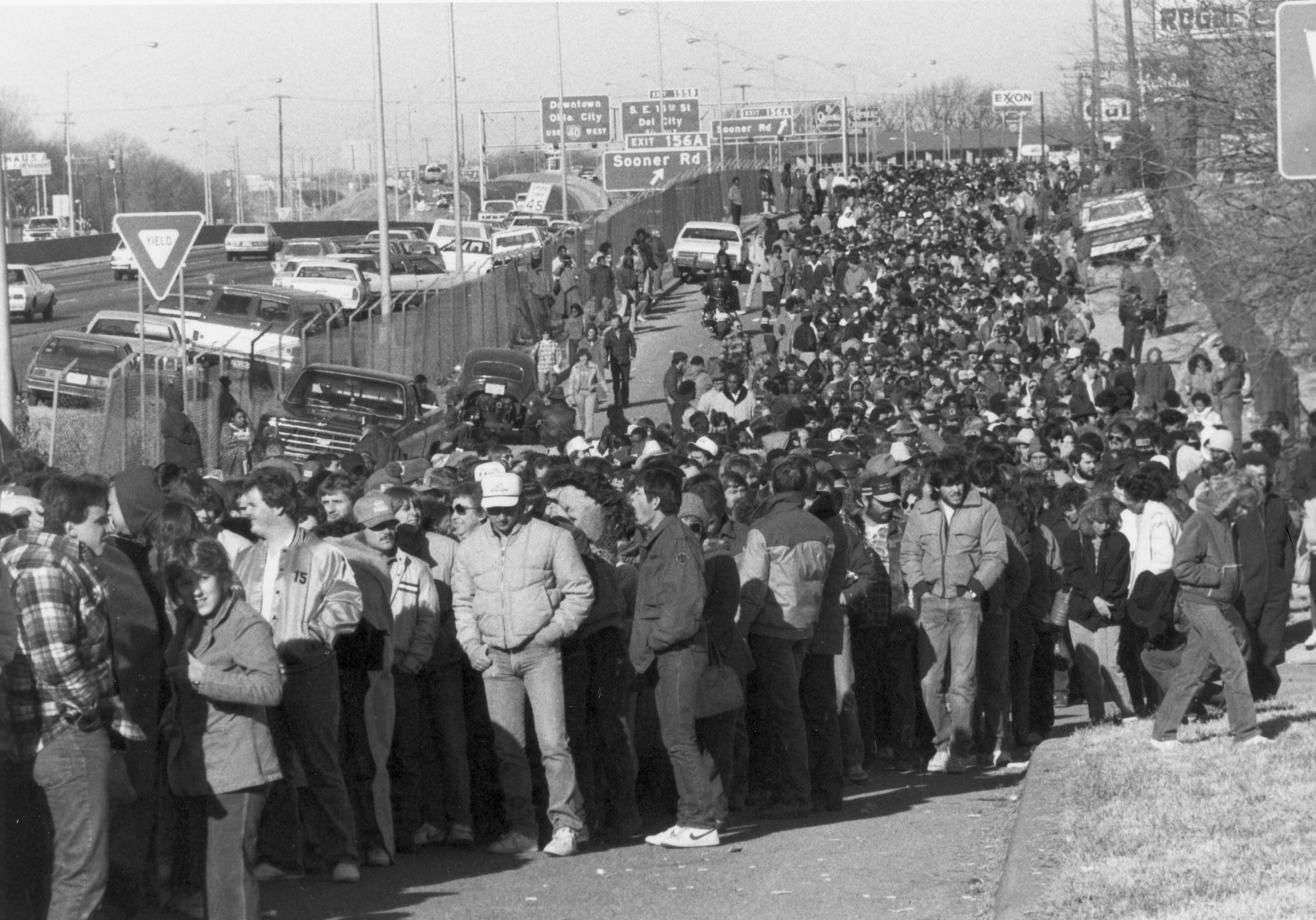 Thousands of job seekers line the streets in January 1986 hoping to get on at Tinker Air Force Base. Civilian Personnel accepted more than 5,000 applications, while establishing a new helper register for the Oklahoma City Air Logistics Center.