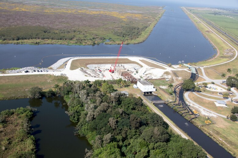 A view of the Culvert 12 work site near Pahokee. Crews have removed the old culvert from this location and are in the process of building the new water control structure that will replace it. The Corps plans to replace 28 water control structures around Lake Okeechobee; construction is complete on four structures while 19 others are under contract.  The Corps will award contracts to replace the other five structures over the next three years.  