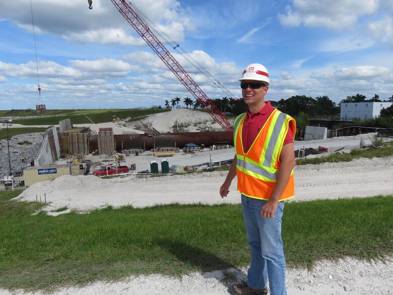 Herbert Hoover Dike rehabilitation program manager Mike Rogalski pauses for a question while observing work at the Culvert 12 job site near Pahokee. The U.S. Army Corps of Engineers is replacing more than two dozen water control structures, commonly known as “culverts” to reduce risk of failure of the 143-mile earthen dike that surrounds Lake Okeechobee in south Florida. 