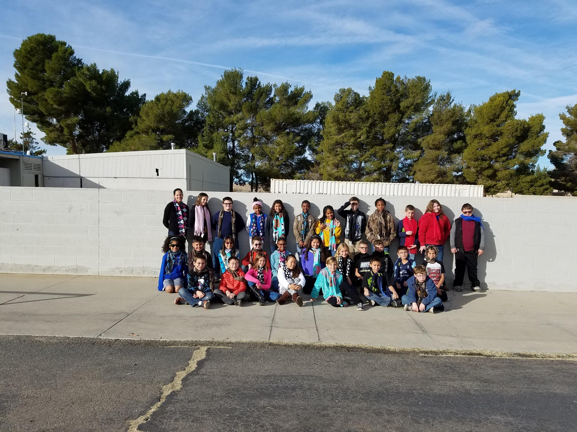 Ms. Kelly's fifth-grade class from Branch Elementary School here made about 150 fleece scarves and, along with donated gloves, gave them to the local homeless shelter in Lancaster, Calif.