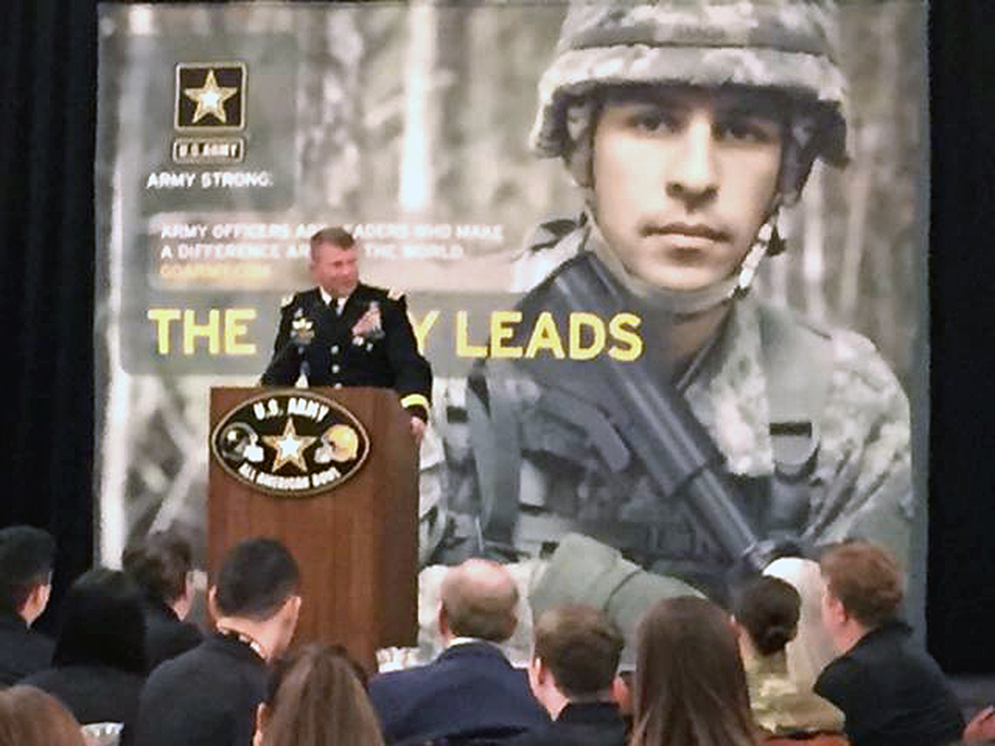 Lt. Gen. Jeffrey S. Buchanan, U.S. Army North commanding general at Joint Base San Antonio-Fort Sam Houston, spoke to high school musicians selected to play as part of the U.S. Army All-American Bowl Marching Band about leadership and selfless service during the band welcome dinner Jan. 2, which celebrated and recognized them for their dedication and leadership to their schools and communities. The musicians are spending the week rehearsing for the Jan. 7 game at the Alamodome in San Antonio, receiving instruction from college and high school band directors, as well as learning from Soldiers in the U.S. Army Field Band.