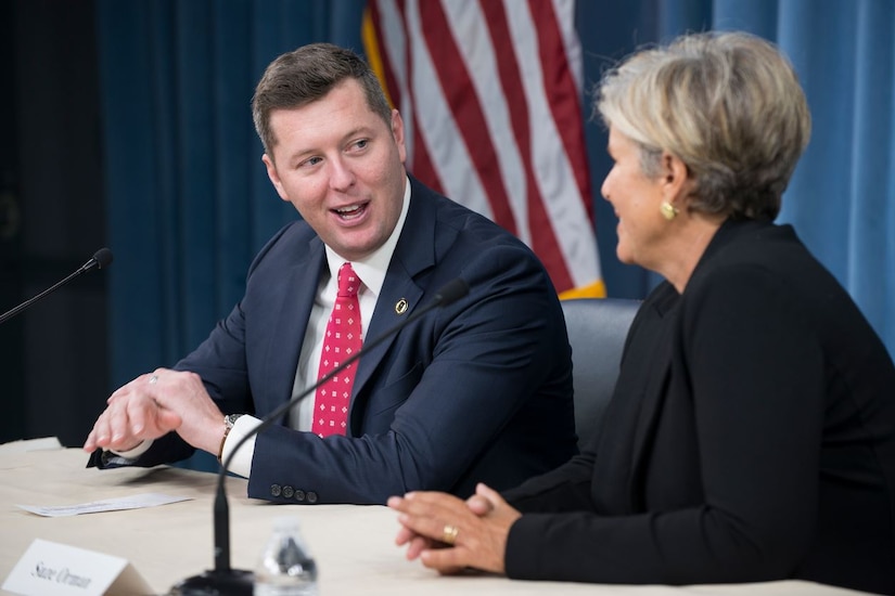 Under Secretary of the Army Patrick Murphy, left, talks about the Army's new partnership with Suze Orman, a personal finance expert, during a news conference at the Pentagon in Washington, D.C., Jan. 4, 2017. (Photo Credit: Sean Kimmons)