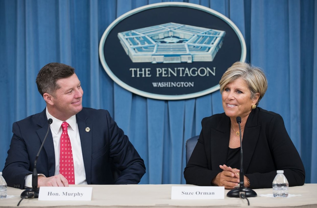 Suze Orman, right, and Under Secretary of the Army Patrick Murphy discuss the Army's new partnership with the personal finance expert during a news conference at the Pentagon, Jan. 4, 2017. Orman, a best-selling author and television personality, plans to offer her services free of charge to Soldiers, including a seven-step online course, normally $54, and an upcoming video detailing the military's new retirement system. (Photo Credit: Sean Kimmons)