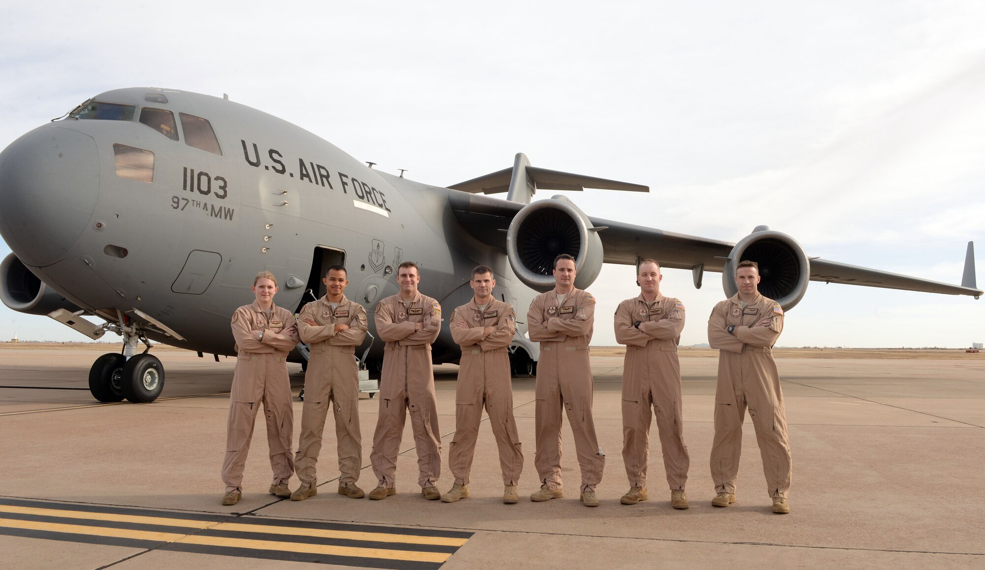 U.S. Air Force C-17 Globemaster III instructor pilots and loadmasters, pose before taking off to deliver cargo for building partner capacity in Afghanistan, Dec. 28, 2016, at Altus Air Force Base, Oklahoma. The base assisted the Air Mobility Command during the holiday season while giving the unique opportunity for instructors to refresh their operational experience in order to train future C-17 crew members. (U.S. Air Force photo by Airman 1st Class Cody Dowell/released)