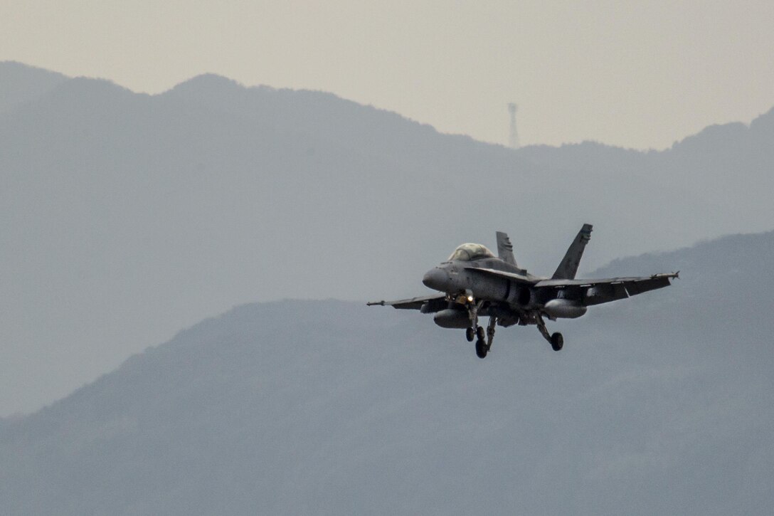 An F/A-18D Hornet prepares to land at Marine Corps Air Station Iwakuni, Japan, Jan. 5, 2017. The Hornet is assigned to Marine All-Weather Fighter Attack Squadron 225, which is forward deployed to the station on a six-month rotation to improve operational capabilities through training in the Pacific region. Marine Corps photo by Cpl. Aaron Henson