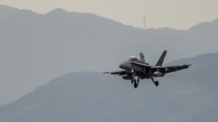 An F/A-18D Hornet approaches Marine Corps Air Station Iwakuni, Japan, Jan. 5, 2017. The Hornet is training to improve operations in the Pacific region. Marine Corps photo by Cpl. Aaron Henson