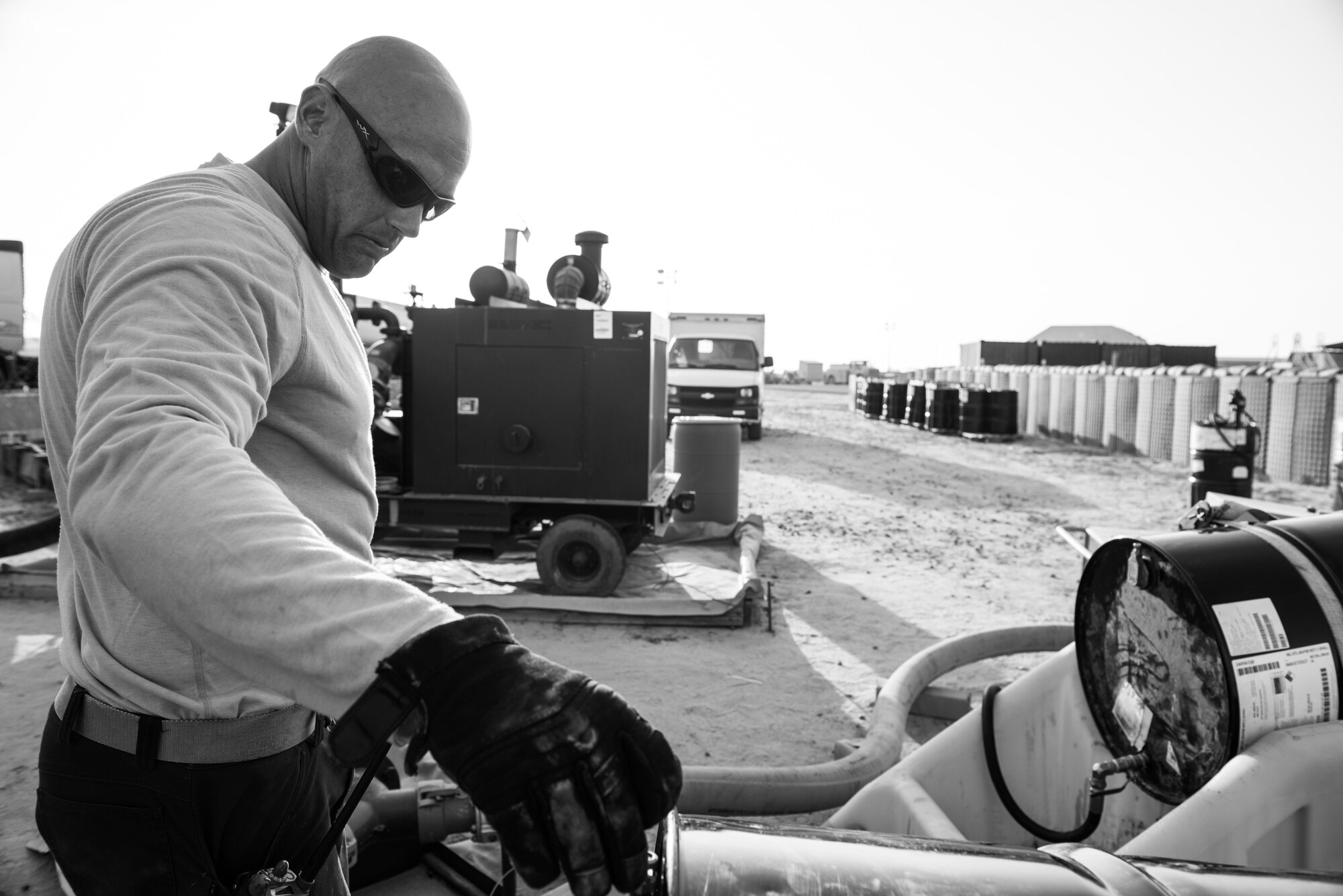 Tech. Sgt. Timothy Haag, 407th Expeditionary Logistics Readiness Squadron NCO in charge of fuels fixed facilities, monitors a fuel mix system at the 407th Air Expeditionary Group, Jan. 2, 2017. Precise amounts of chemicals must be added to jet fuel to keep the fuel from corroding tanks or freezing at high altitude.  (U.S. Air Force photo/Master Sgt. Benjamin Wilson)(Released)