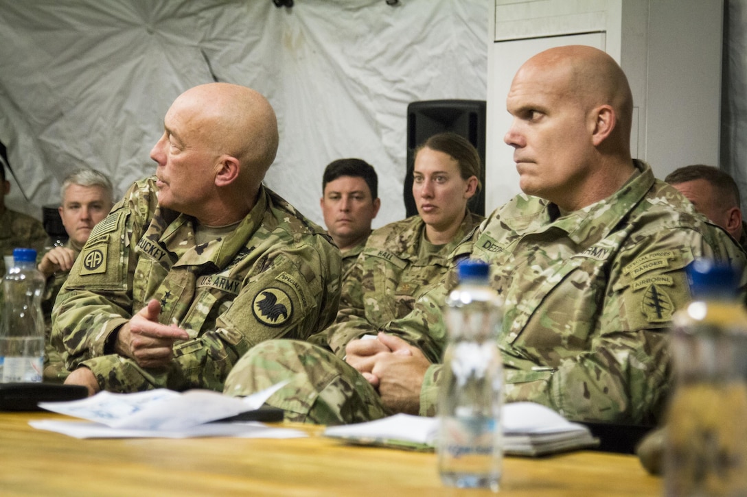 Chief of Army reserve Lt. Gen. Charles D. Luckey, center, visited Army Reserve Soldiers assigned to Special Operations Joint Task Force – Operation Inherent Resolve with SOJTF-OIR Commander, Brig. Gen. John Deedrick, in Kuwait.  Luckey visited troops and shared his experiences from his career as an Army Reserve Soldier. (U.S. Army photo by Sgt. Joshua W. Brownlee / NOT RELEASED)