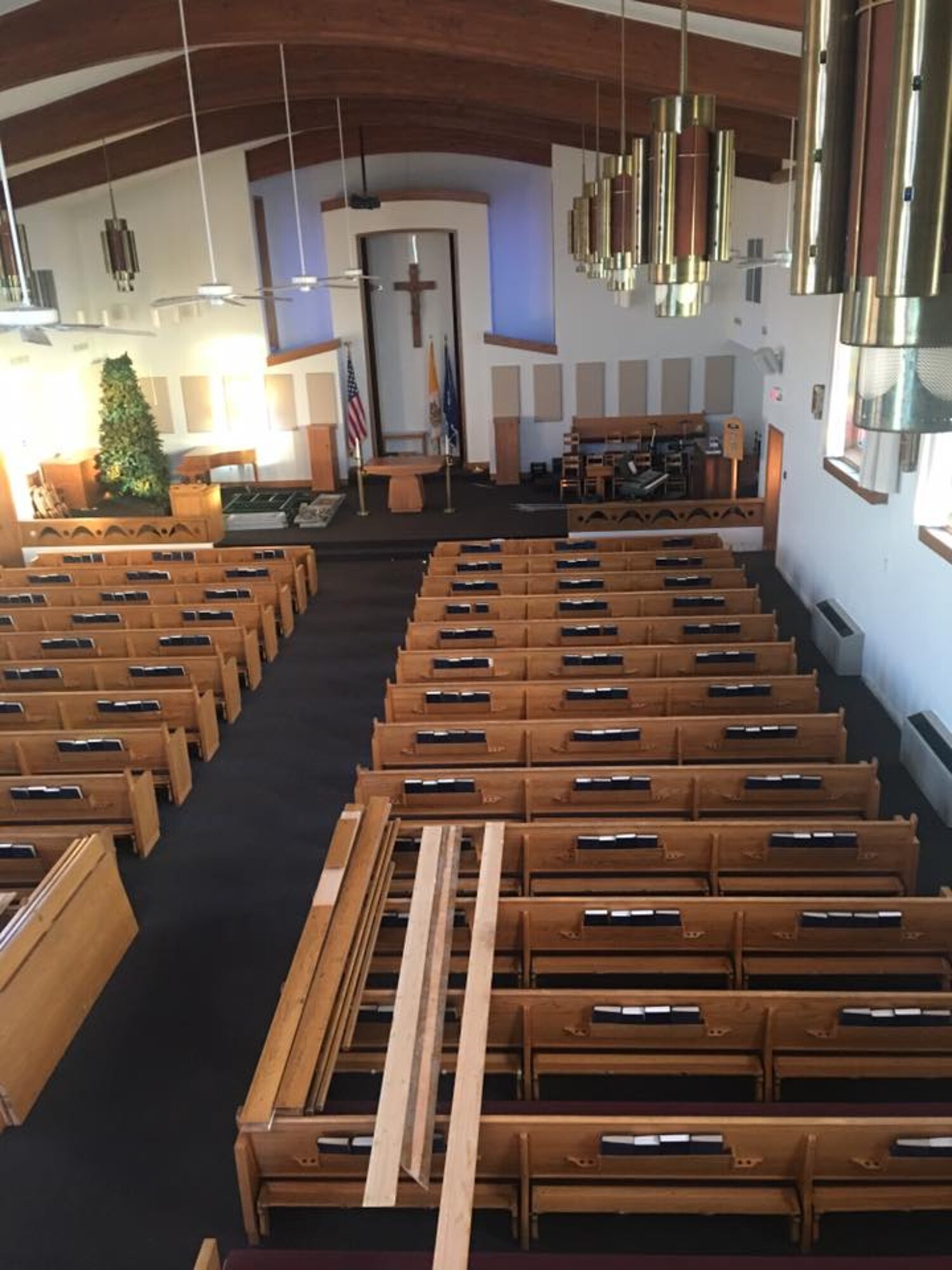 The chapel sanctuary and blessed sacrament rooms will receive new carpeting, trim, wood fixtures, curtains, rods,
and doors to match historic colors of chapel structure at Whiteman Air Force Base, Mo., Jan. 7 through April 16, 2017. In the mean time, all Protestant and Catholic services will be held at the base theater.