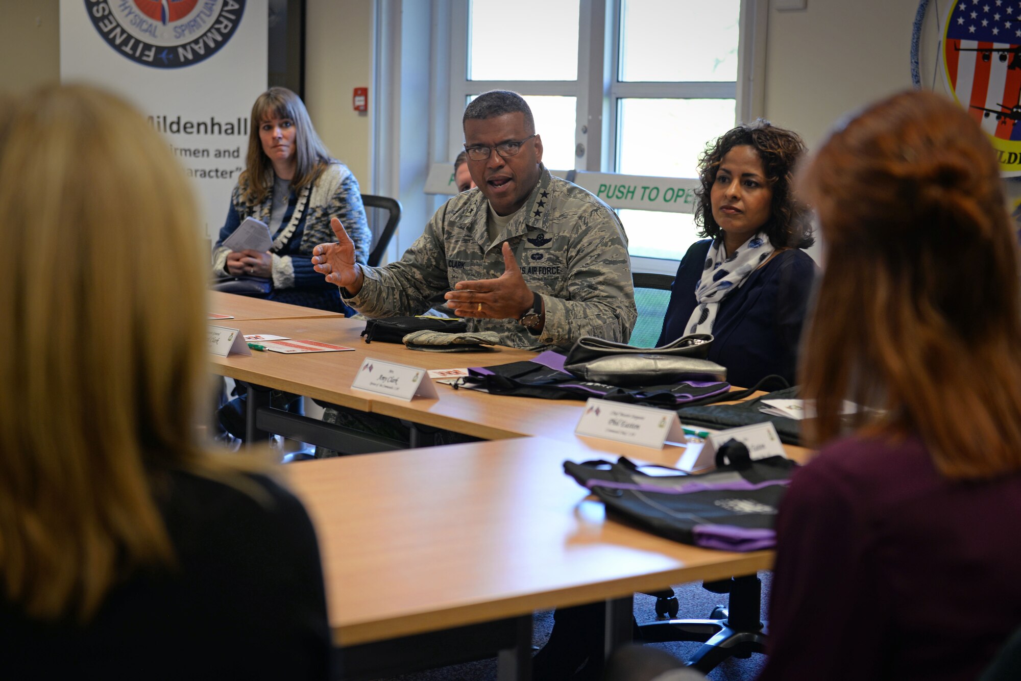 U.S. Air Force Lt. Gen. Richard Clark, 3rd Air Force commander, speaks with spouses about the RAF Mildenhall Spouses Resiliency Initiative Jan. 5, 2016, on RAF Mildenhall, England. The RAF Mildenhall Spouse Resilience Team was created to give military spouses the same opportunity as military members to embrace holistic fitness and resilience aids. (U.S. Air Force photo by Senior Airman Christine Halan)