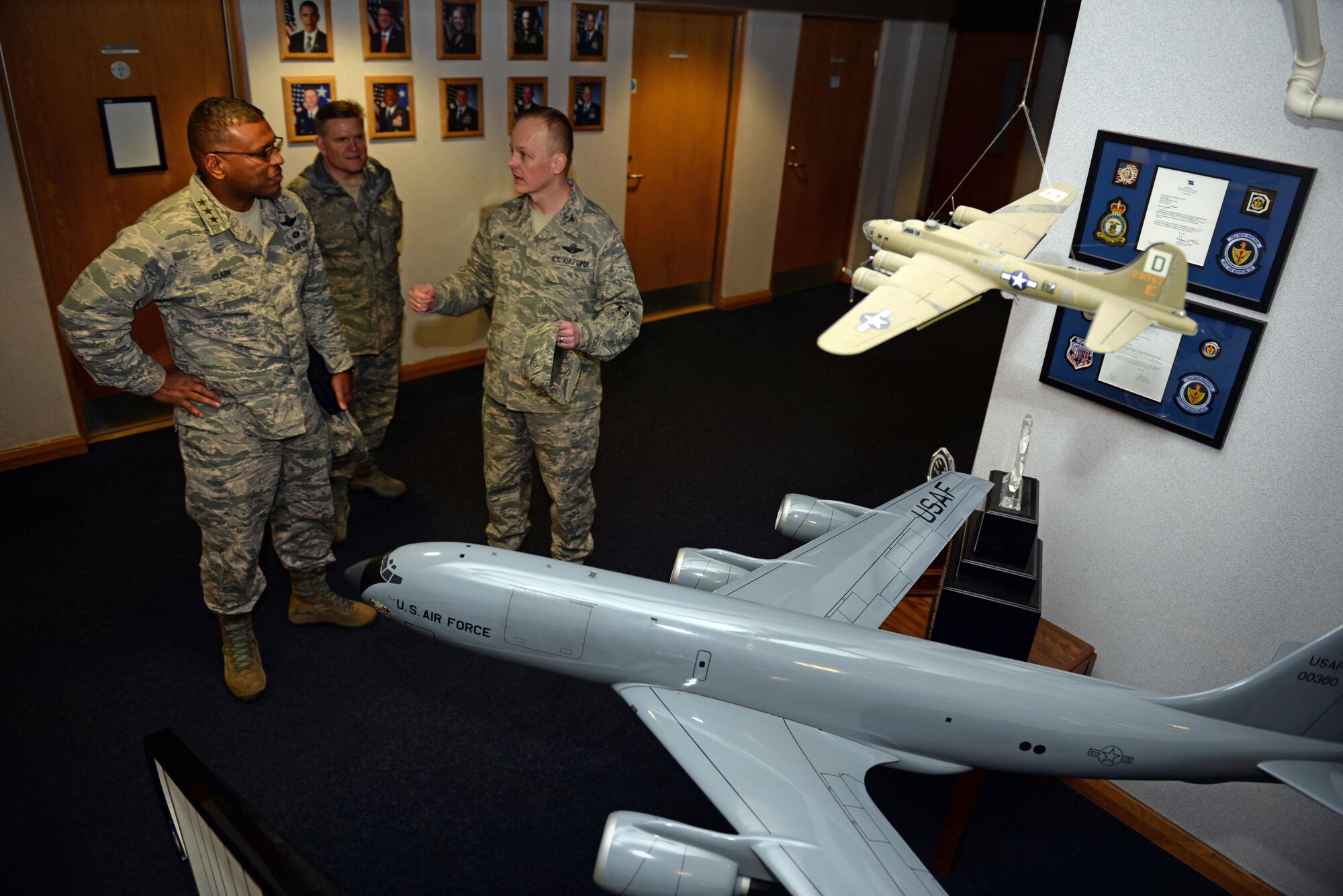 U.S. Air Force Col. Derek Salmi, right, 100th Operations Group commander, briefs U.S. Air Force Lt. Gen. Richard Clark, 3rd Air Force commander, on the flight operations during his visit Jan. 5, 2016, on RAF Mildenhall, England. Clark and Easton visited units around base to get a better understanding of Team Mildenhall contribution to the fight. (U.S. Air Force photo by Senior Airman Christine Halan) 