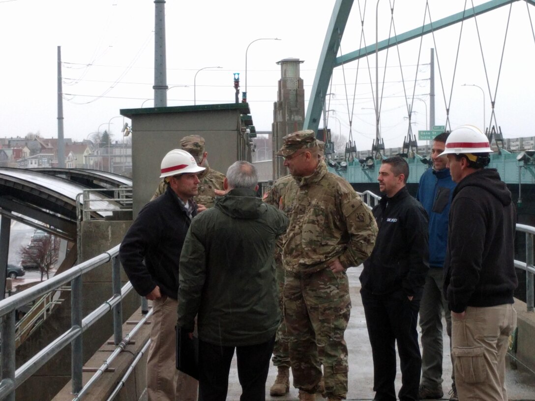 Brig. Gen. William Graham, North Atlantic Division Commander gets a tour and briefing of the Fox Point Hurricane Barrier in Providence, Rhode Island on November 29, 2016.