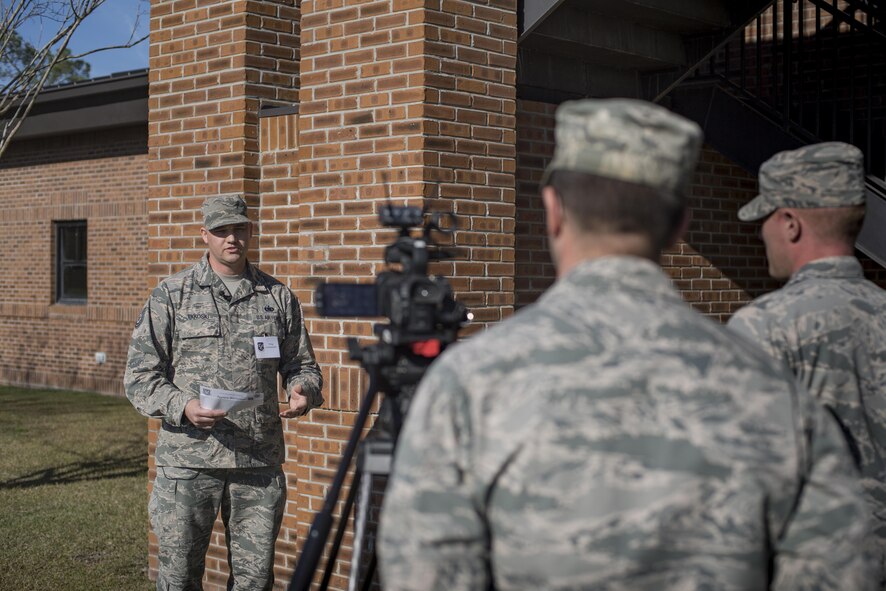 Tech. Sgt. Bradley Tykoski, 23d Logistics Readiness Squadron NCO in charge of the fuels service center, answers the simulated media’s questions, Jan. 5, 2017, at Moody Air Force Base, Ga. The Public Affairs office is responsible for preparing all Airmen for communicating with any civilian media. (U.S. Air Force photo by Airman 1st Class Daniel Snider)