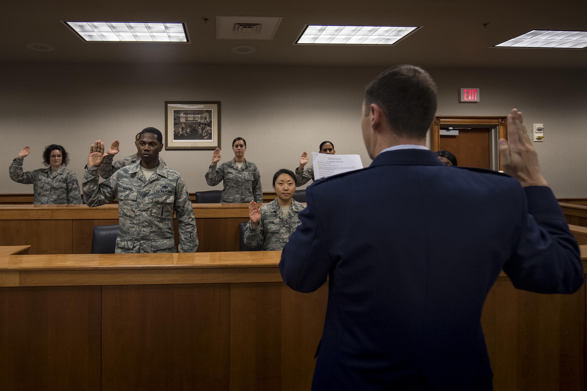 Members of the Emerge Moody course experience the procedures required to become part of a jury, Jan. 5, 2017, at Moody Air Force Base, Ga. This course assists Airmen in accomplishing three of the 23d Wing commander, Col. Thomas Kunkel’s priorities of developing courageous leaders, taking care of Airmen and their families, and preparing for tomorrow. (U.S. Air Force photo by Airman 1st Class Daniel Snider)