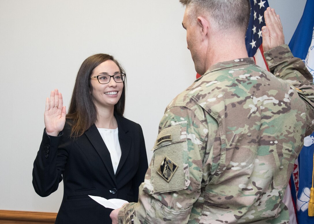 Aimee Rider, Assistant Counsel for the U.S. Army Corps of Engineers, Middle East District, was sworn in as an officer in the Army’s Judge Advocate General Corps January 5.