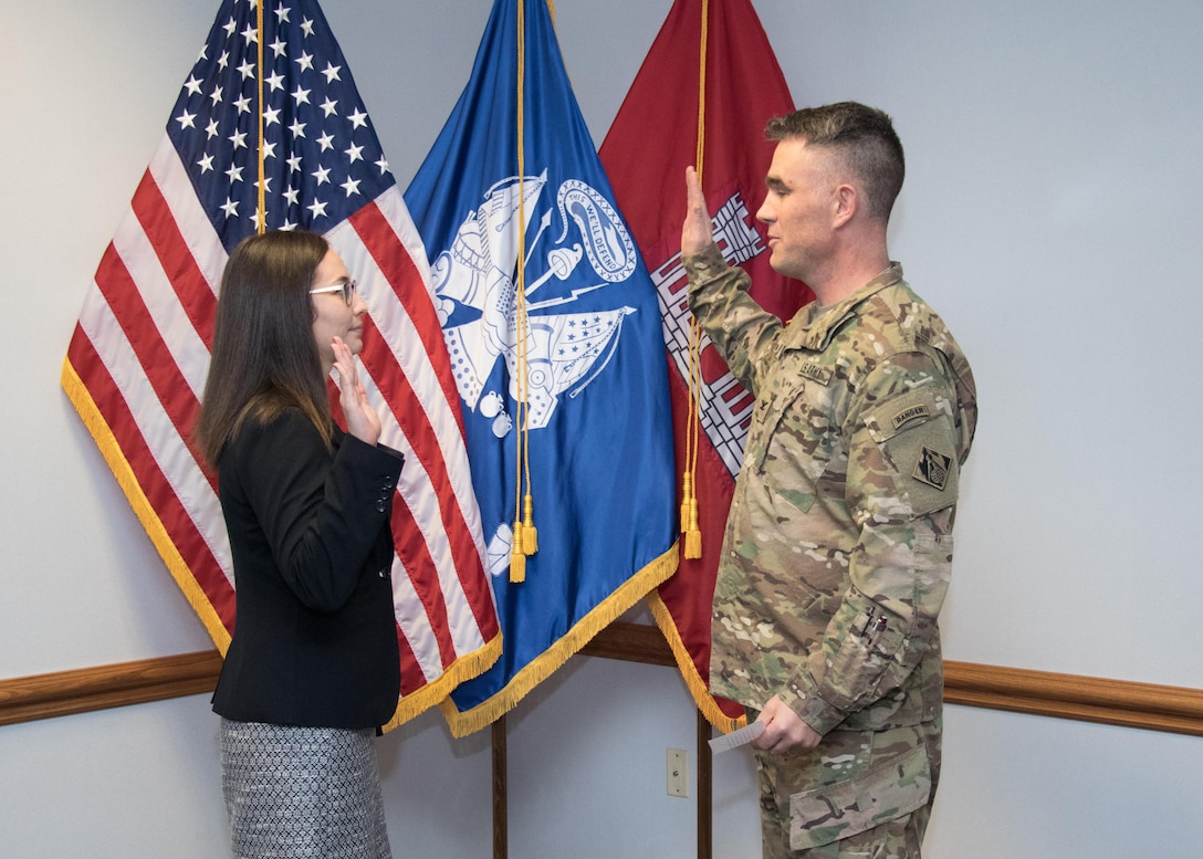 Aimee Rider, Assistant Counsel for the U.S. Army Corps of Engineers, Middle East District, was sworn in as an officer in the Army’s Judge Advocate General Corps January 5.