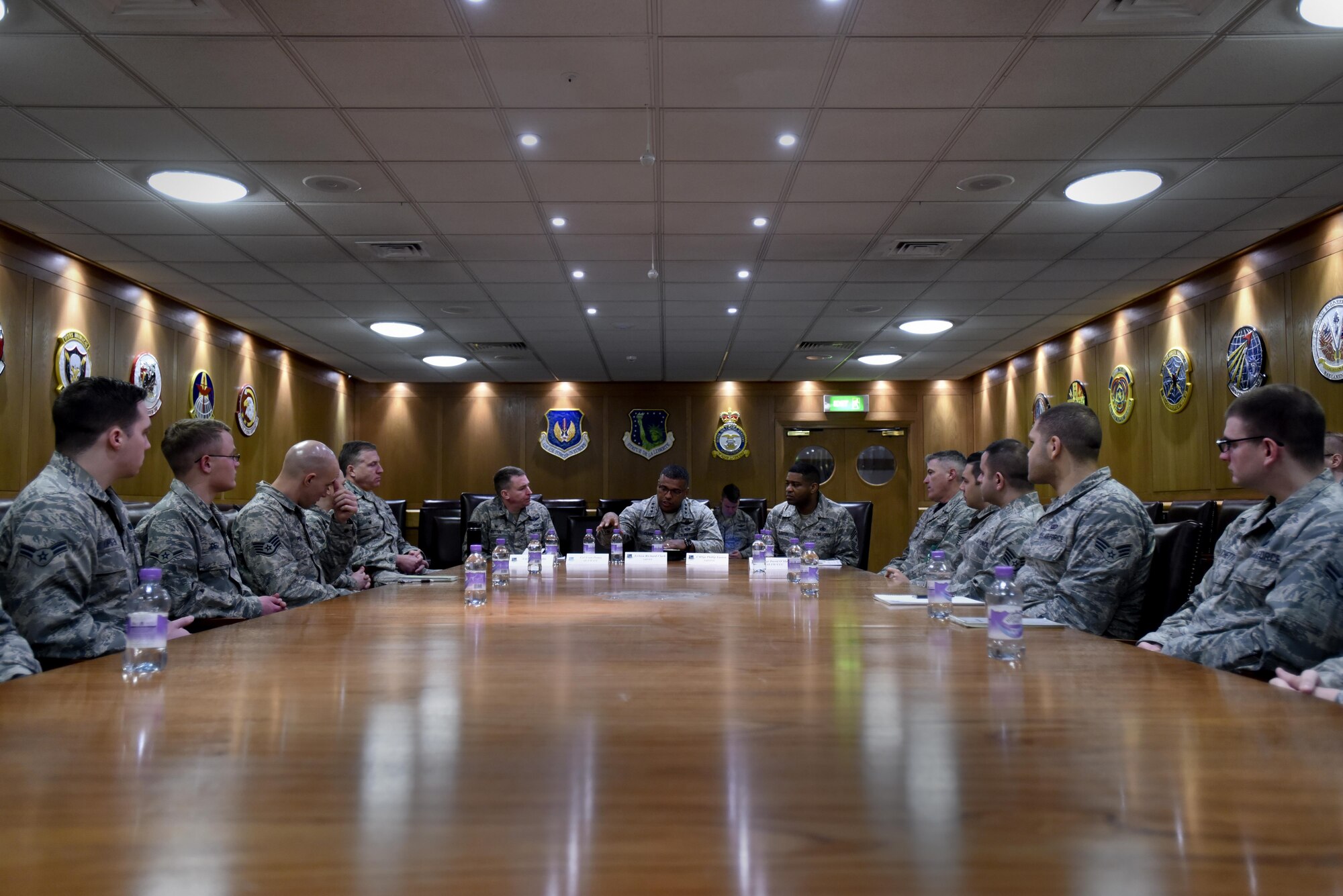 U.S. Air Force Lt. Gen. Richard Clark, 3rd Air Force commander, speaks at an Airmen roundtable at Royal Air Force Lakenheath, England, Jan. 6. Clark talked with Liberty Wing Airmen about a variety of subjects, from changes in deployment tempos to questions on basic allowance for housing. (U.S. Air Force photo/Airman 1st Class Eli Chevalier)